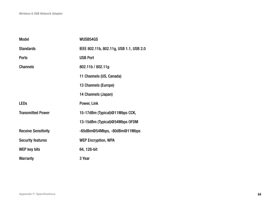 Appendix f: specifications | Linksys WUSB54G User Manual | Page 71 / 76