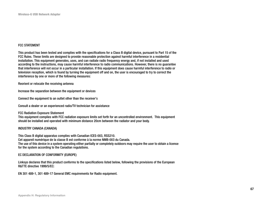 Appendix h: regulatory information | Linksys WUSB54G User Manual | Page 74 / 76