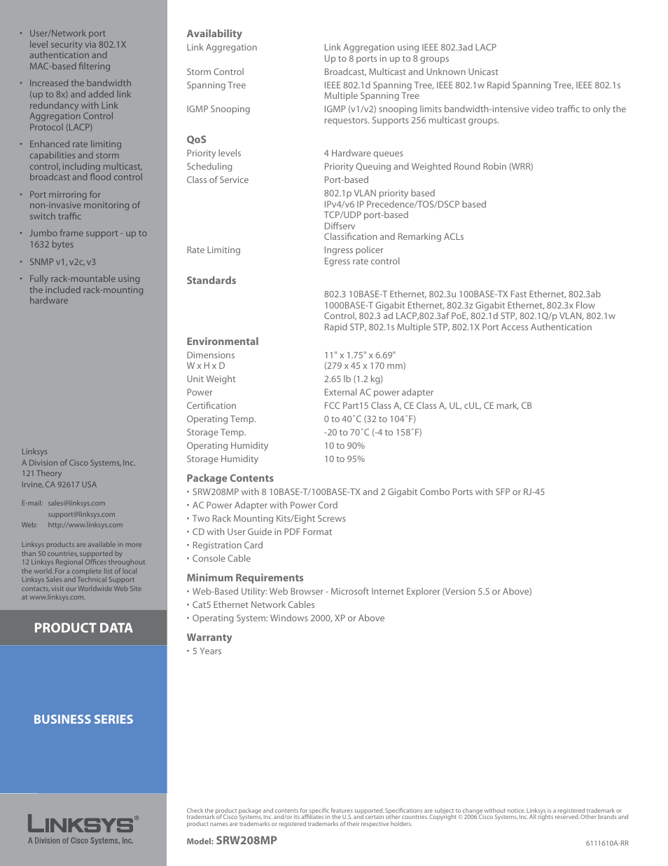 Product data, Business series | Linksys SRW208MP User Manual | Page 3 / 3