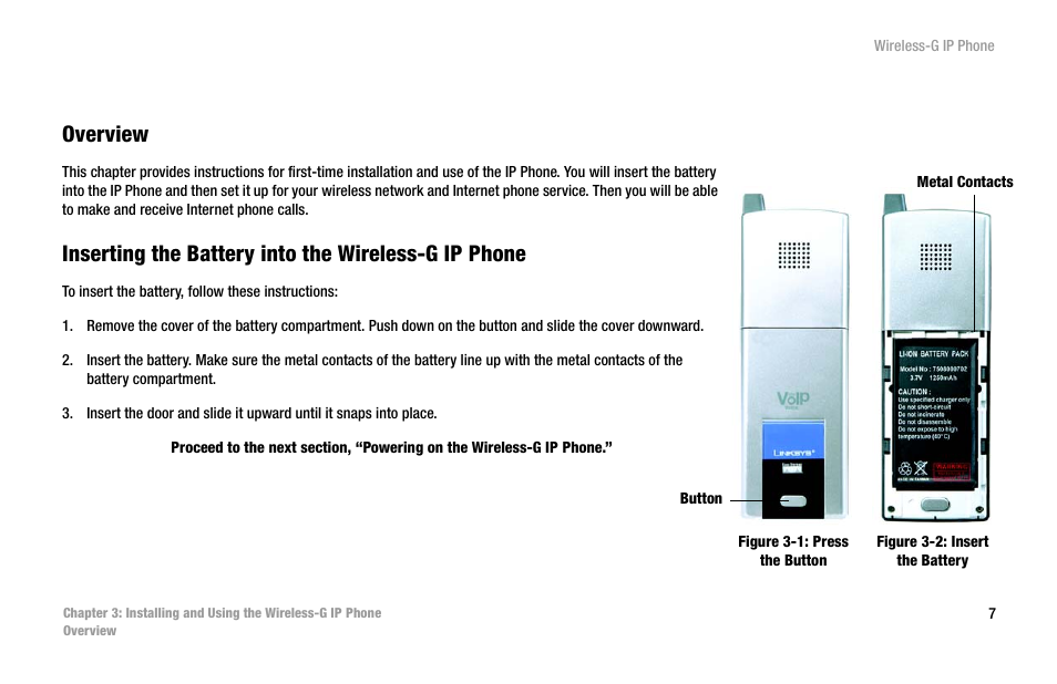 Overview, Inserting the battery into the wireless-g ip phone | Linksys WIP330 User Manual | Page 13 / 87