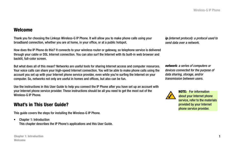 Chapter 1: introduction, Welcome, What’s in this user guide | Linksys WIP330 User Manual | Page 7 / 87