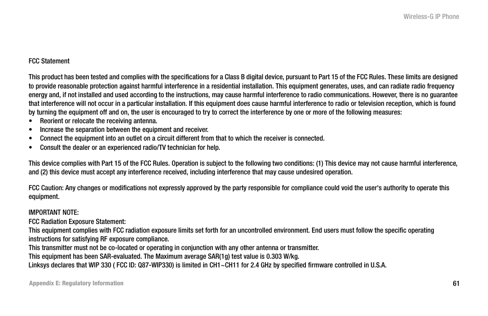 Appendix e: regulatory information | Linksys WIP330 User Manual | Page 71 / 87