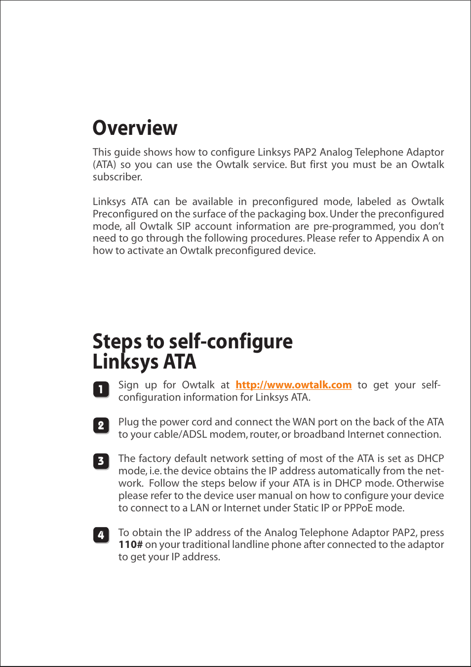 Steps to self-configure linksys ata, Overview | Linksys Owtalk User Manual | Page 2 / 5