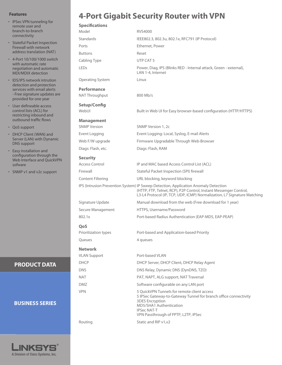 Port gigabit security router with vpn, Product data, Business series | Linksys RVS4000 User Manual | Page 2 / 3