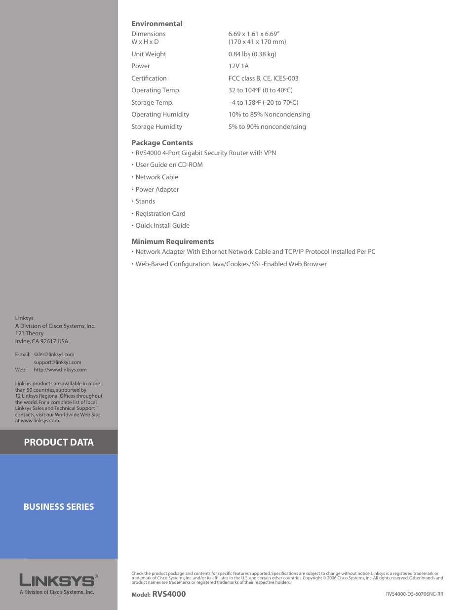 Product data, Business series | Linksys RVS4000 User Manual | Page 3 / 3