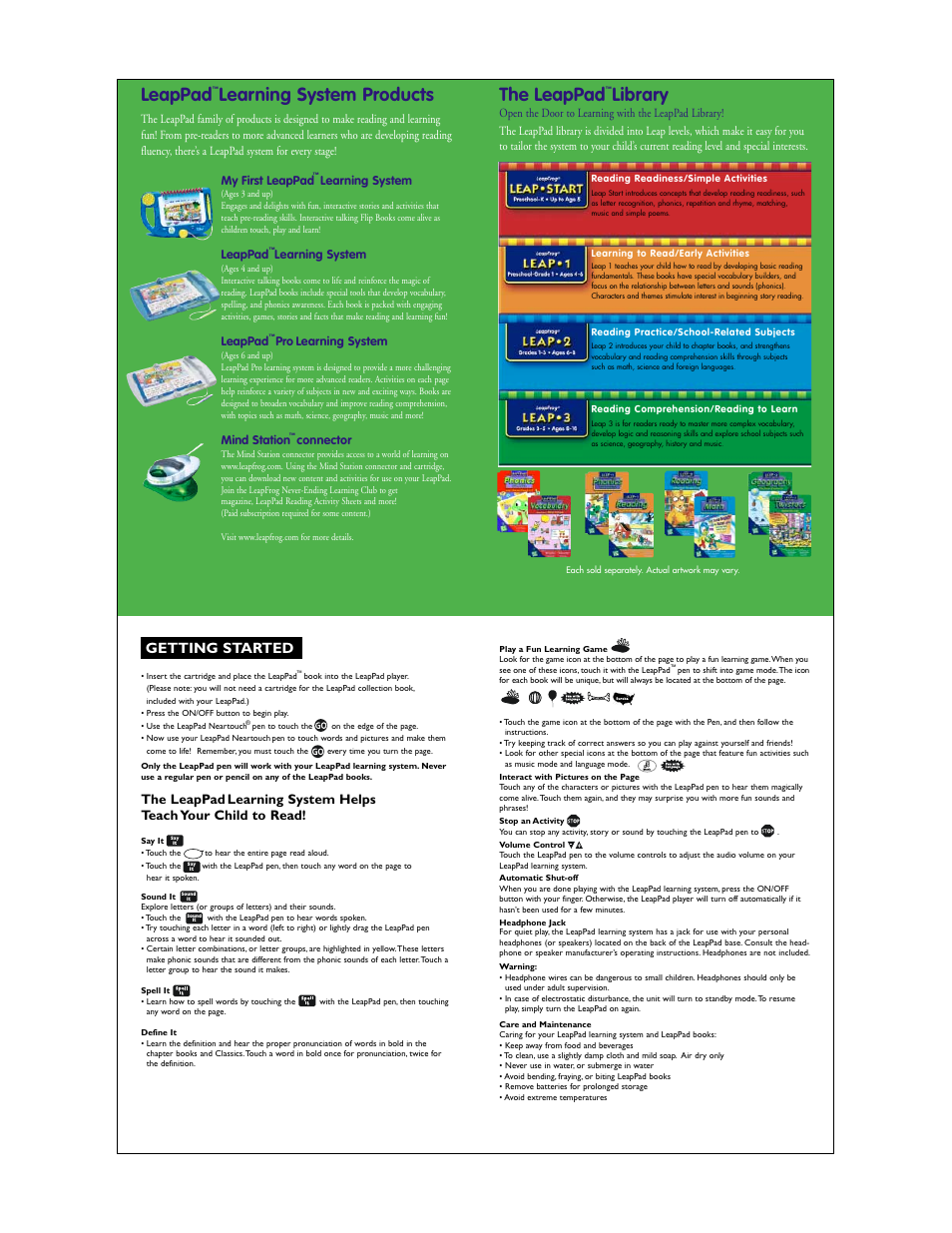 Leappad, Learning system products, The leappad | Library, Getting started, Learning system, Pro learning system, Mind station, Connector | LeapFrog Baby Toy User Manual | Page 2 / 2