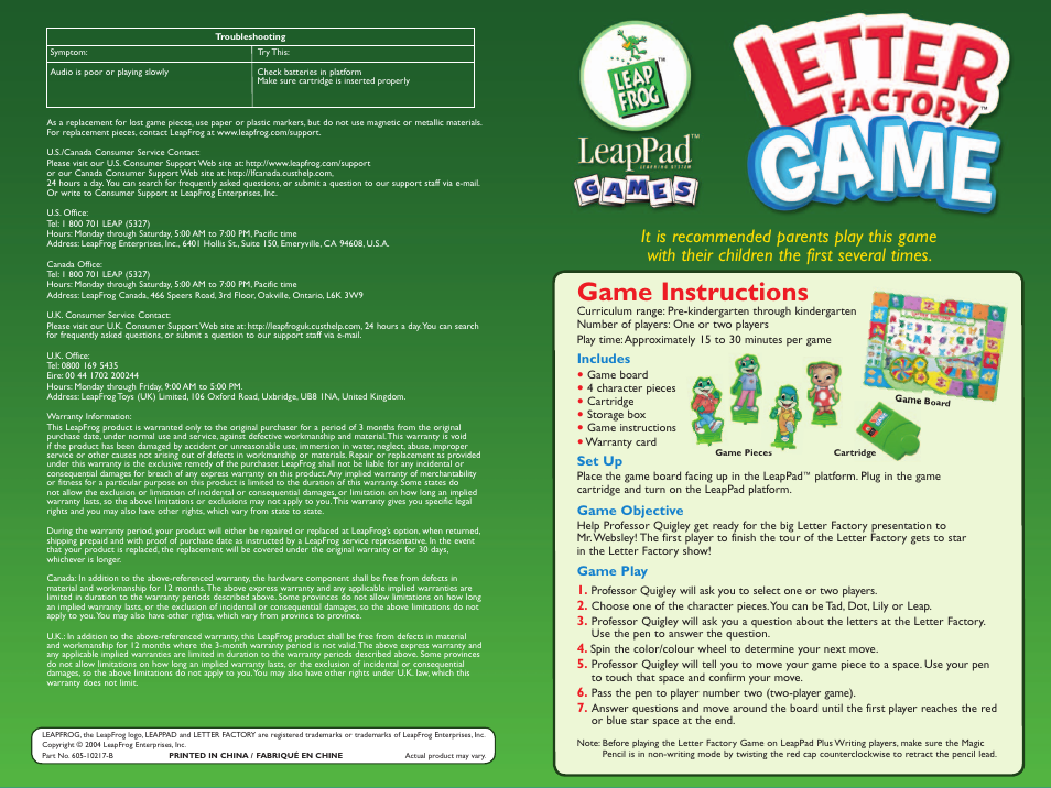 LeapFrog Leap Frog Letter Factory Game 605-10217-B User Manual | 2 pages