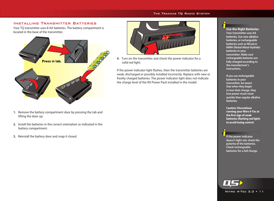 Installing transmitter batteries | LeapFrog Nitro 4-Tec 3.3TM all-wheel-drive 4809 User Manual | Page 11 / 44
