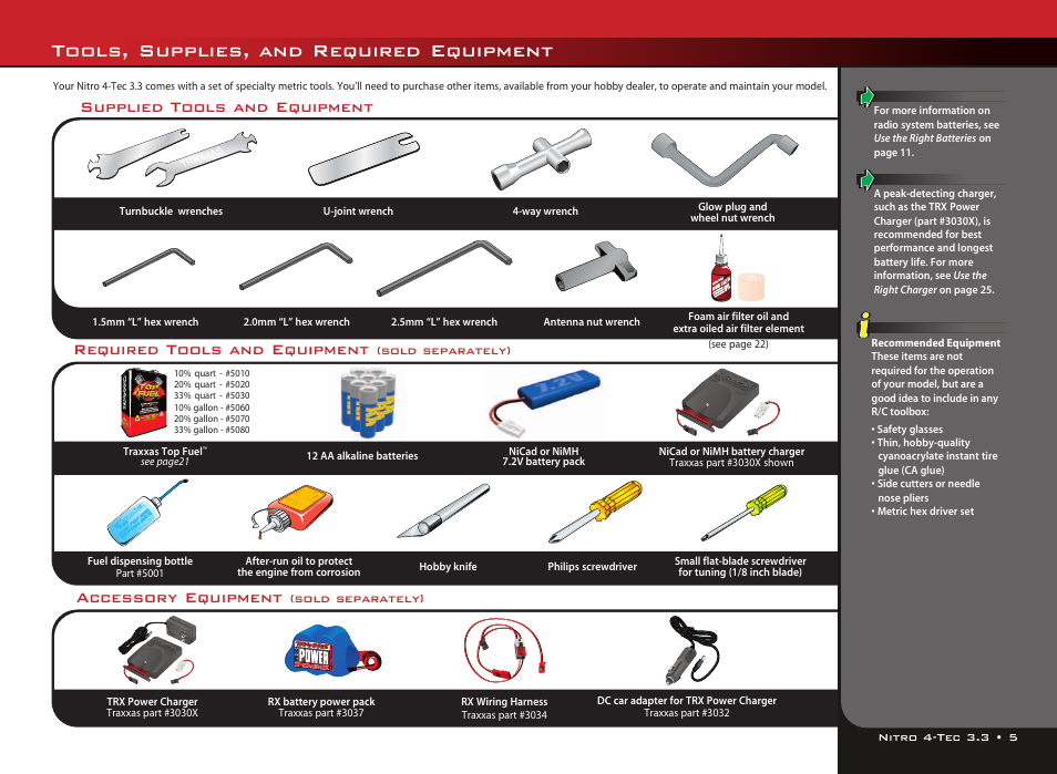Tools, supplies, and required equipment, Required tools and equipment, Accessory equipment | Supplied tools and equipment | LeapFrog Nitro 4-Tec 3.3TM all-wheel-drive 4809 User Manual | Page 5 / 44