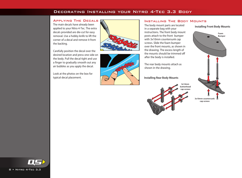 Decorating installing your nitro 4-tec 3.3 body, Applying the decals, Nstalling the body mounts | LeapFrog Nitro 4-Tec 3.3TM all-wheel-drive 4809 User Manual | Page 8 / 44