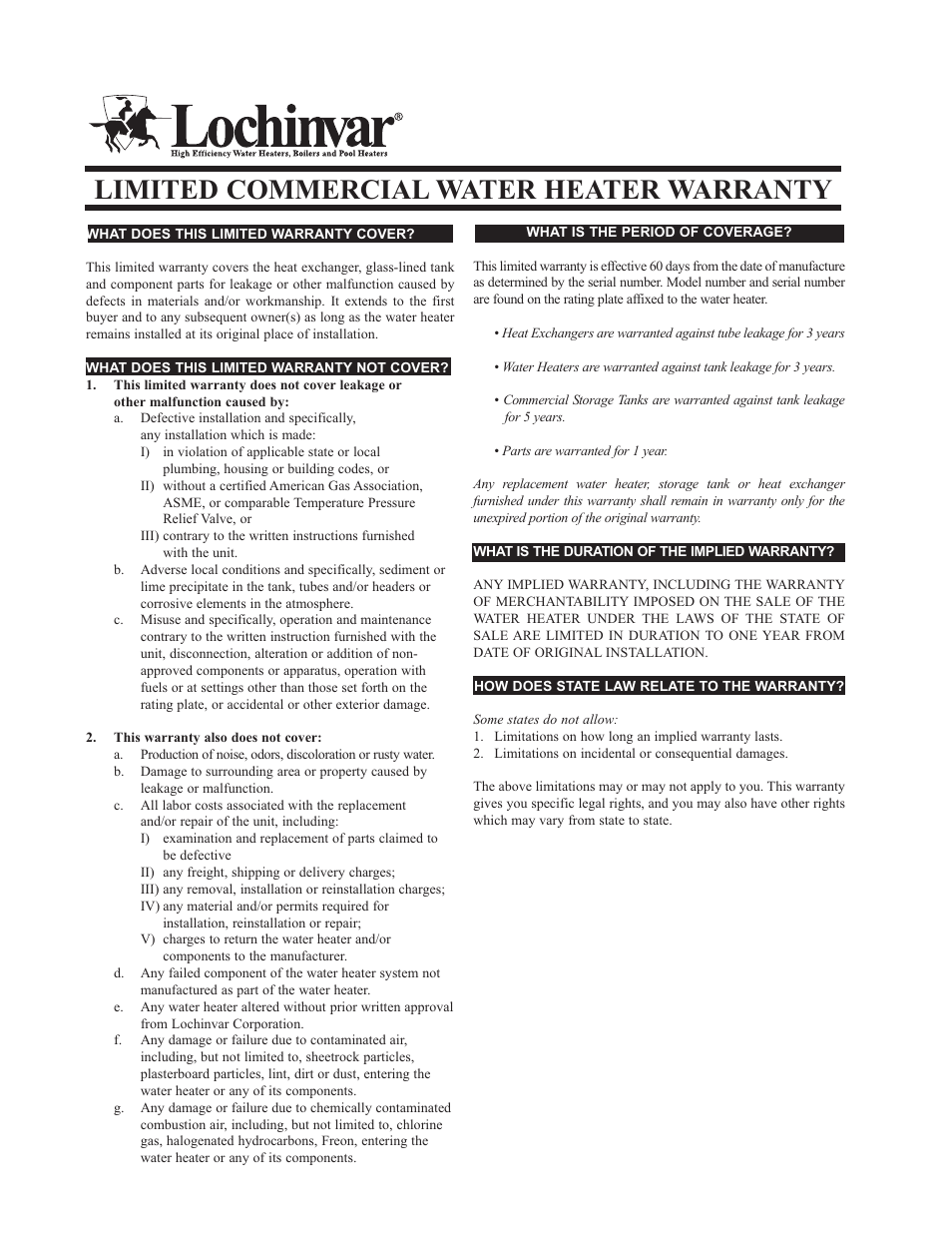 Lochinvar Commercial Water Heater User Manual | 2 pages