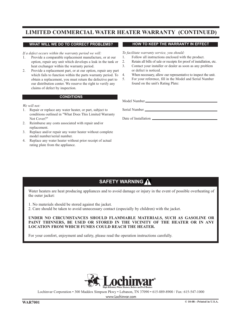 Safety warning | Lochinvar Commercial Water Heater User Manual | Page 2 / 2