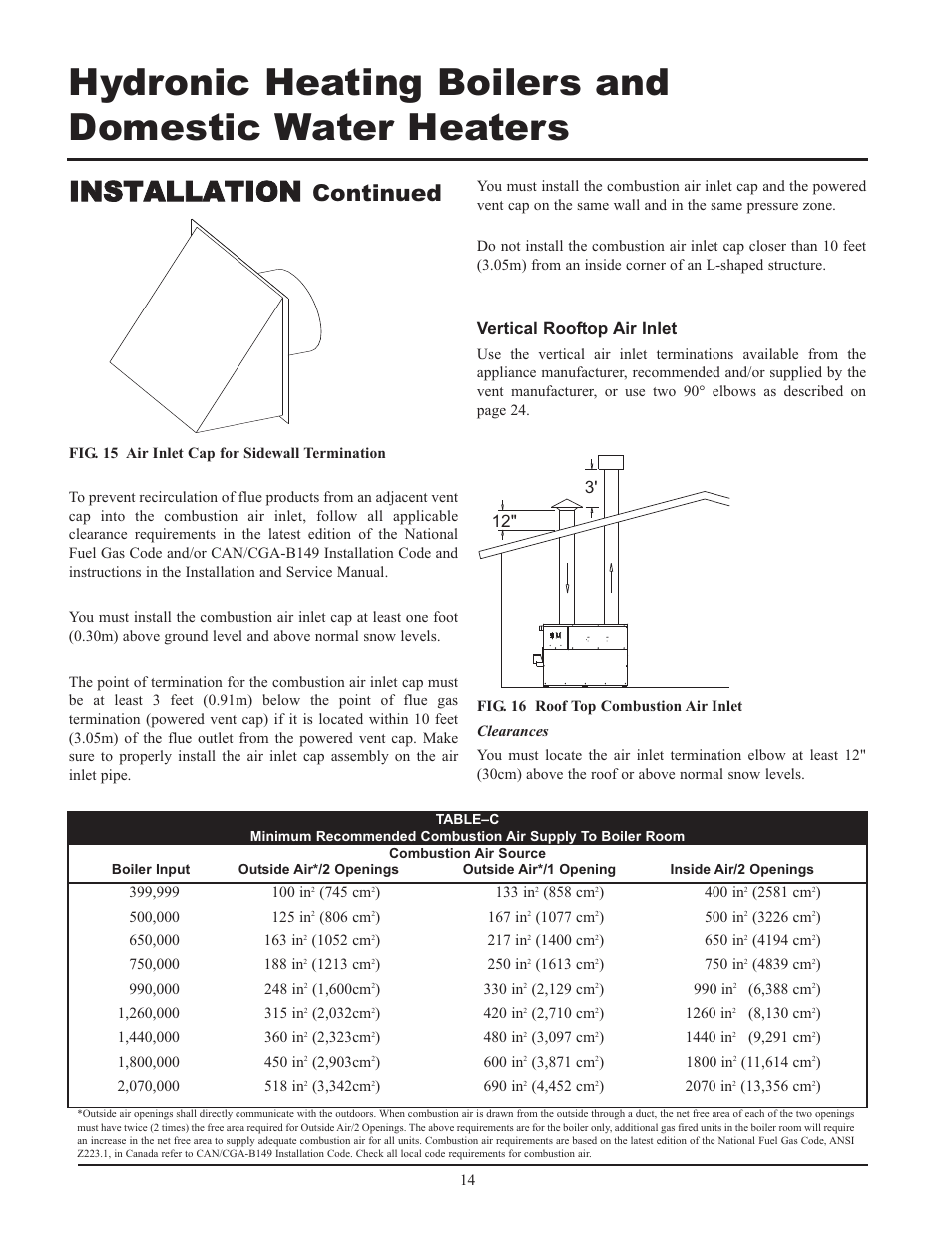 Installation, Continued, Vertical rooftop air inlet | Lochinvar 399 User Manual | Page 14 / 72