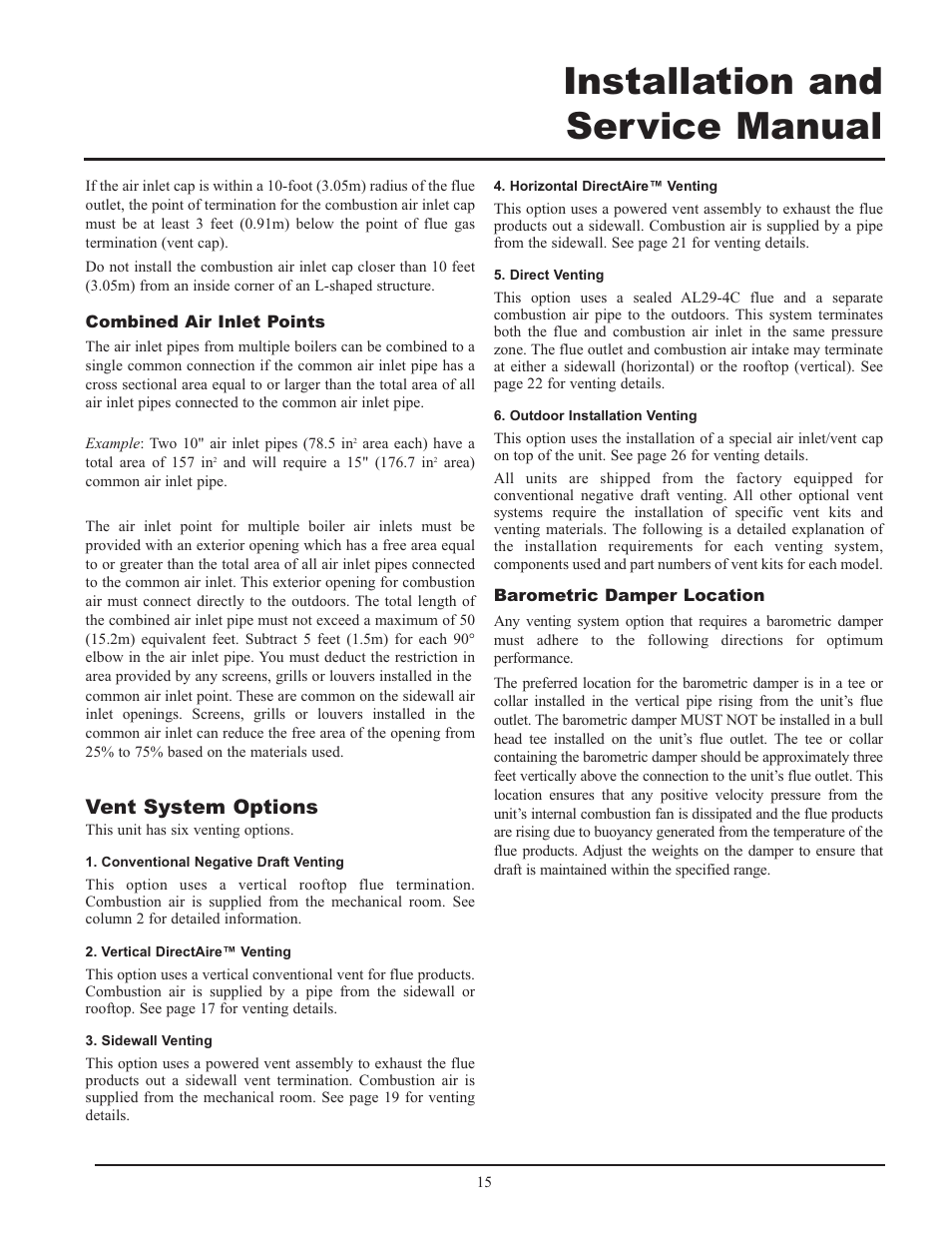 Installation and service manual, Vent system options | Lochinvar 399 User Manual | Page 15 / 72