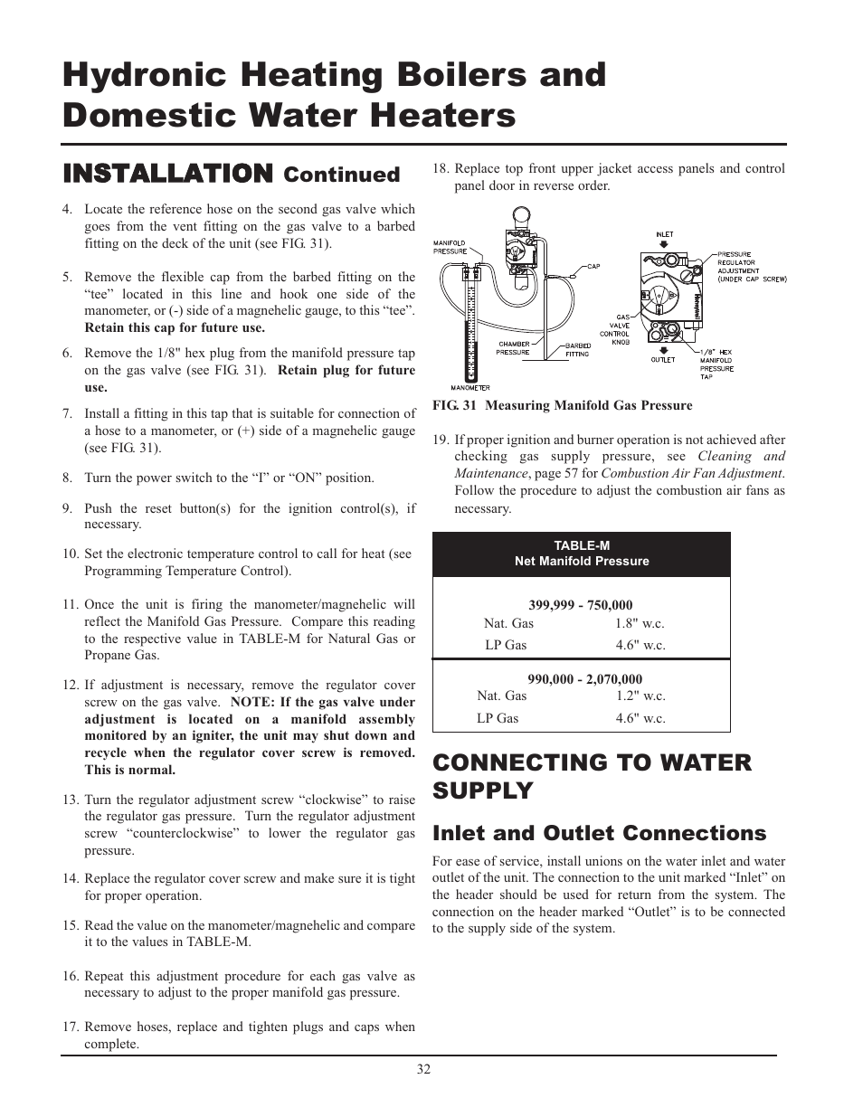 Installation, Connecting to water supply, Continued | Inlet and outlet connections | Lochinvar 399 User Manual | Page 32 / 72