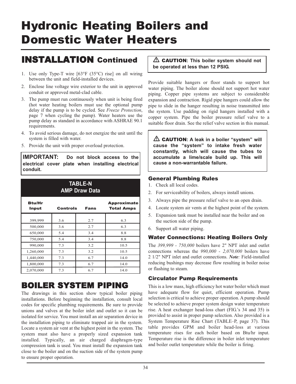 Installation, Boiler system piping, Continued | Table-n amp draw data important | Lochinvar 399 User Manual | Page 34 / 72