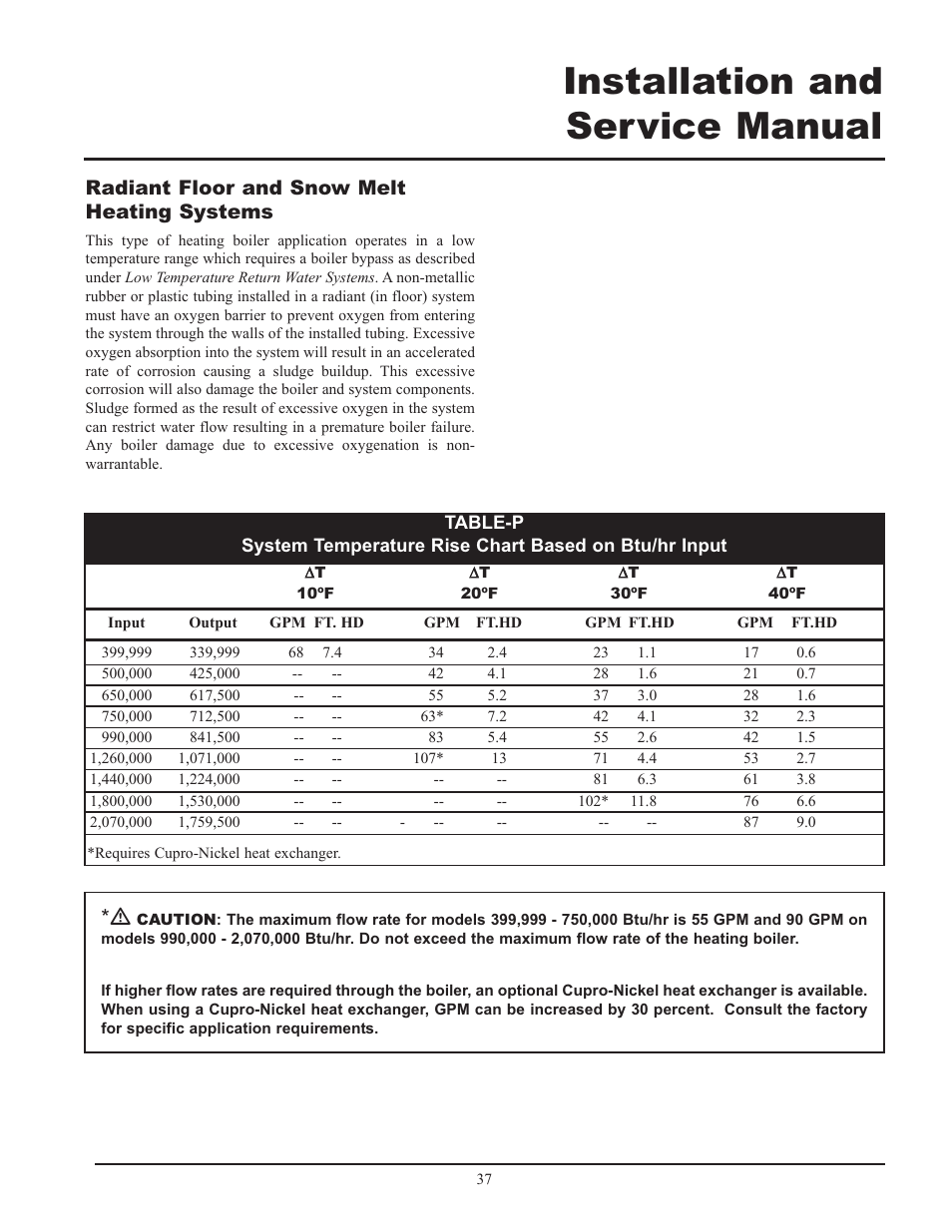 Installation and service manual, Radiant floor and snow melt heating systems | Lochinvar 399 User Manual | Page 37 / 72