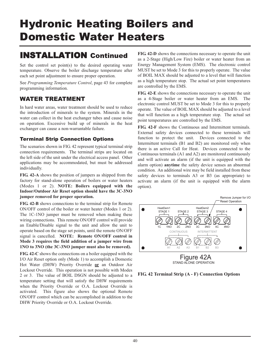 Installation, Continued, Figure 42a | Water treatment, Terminal strip connection options | Lochinvar 399 User Manual | Page 40 / 72