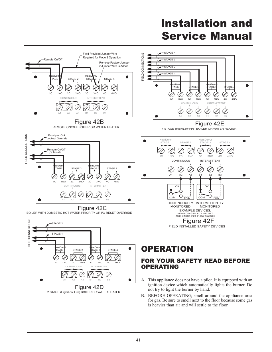 Installation and service manual, Operation, Figure 42b | For your safety read before operating, Figure 42f, Figure 42c, Figure 42e, Figure 42d | Lochinvar 399 User Manual | Page 41 / 72