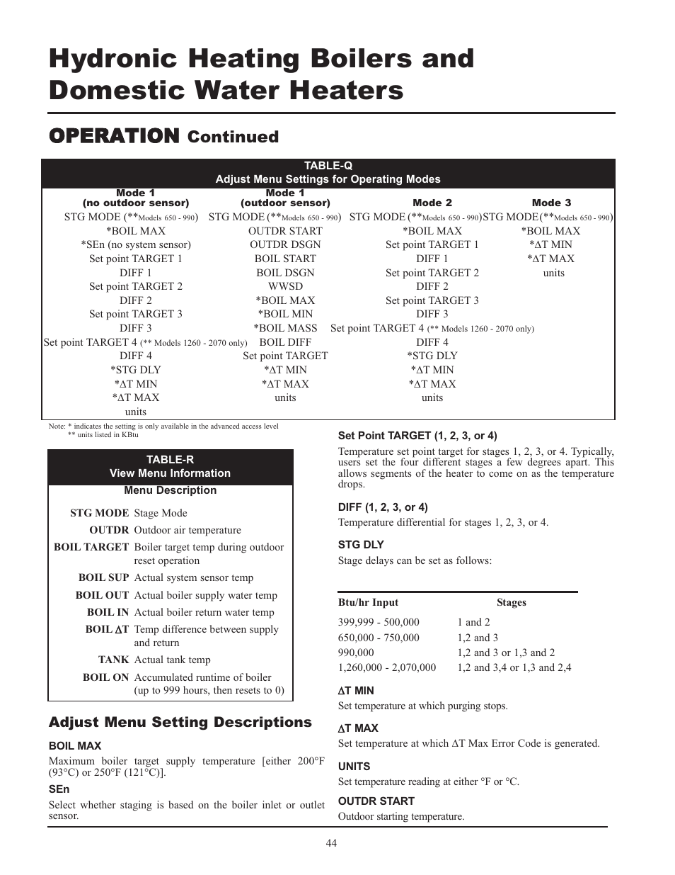 Operation, Continued, Adjust menu setting descriptions | Lochinvar 399 User Manual | Page 44 / 72
