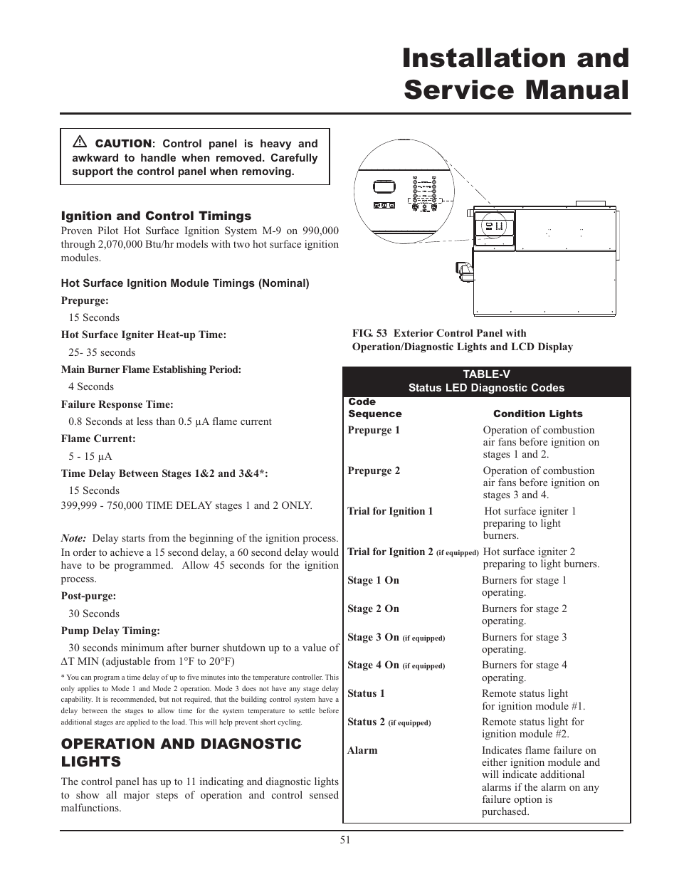 Installation and service manual, Operation and diagnostic lights | Lochinvar 399 User Manual | Page 51 / 72
