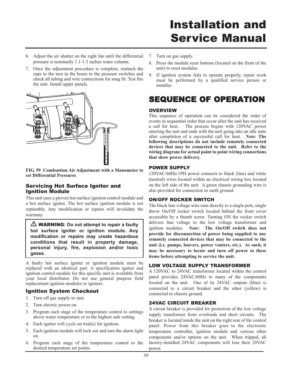 Installation and service manual, Sequence of operation | Lochinvar 399 User Manual | Page 59 / 72
