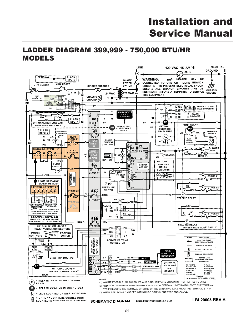 Installation and service manual, Schematic diagram, Se ns o r s | Warning | Lochinvar 399 User Manual | Page 65 / 72