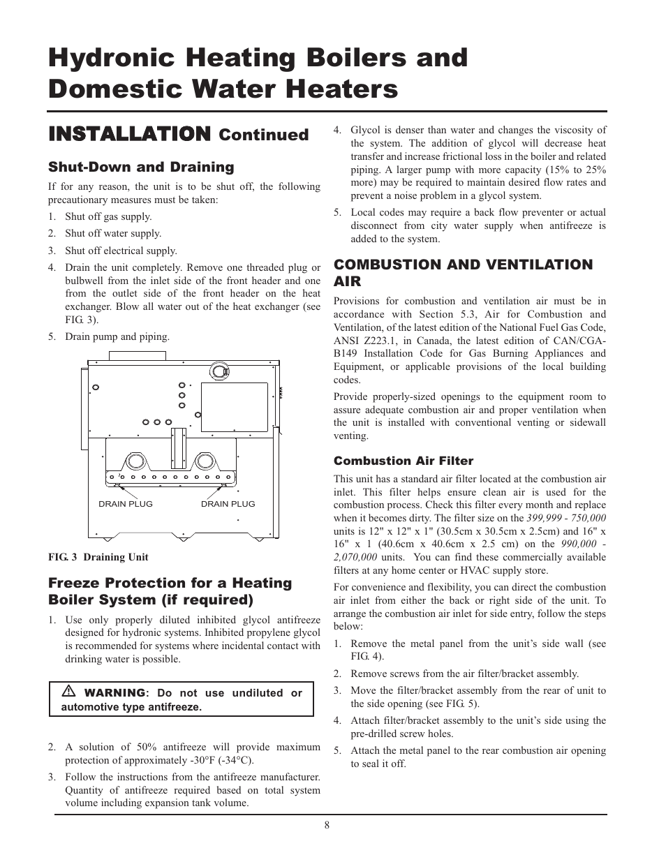 Installation, Continued, Shut-down and draining | Combustion and ventilation air | Lochinvar 399 User Manual | Page 8 / 72