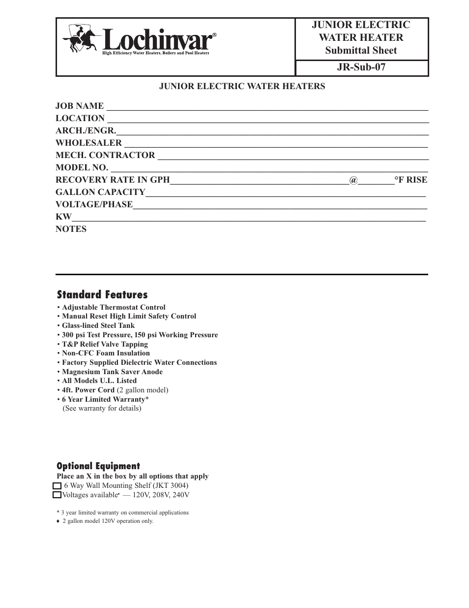 Lochinvar JR-SUB-07 User Manual | 2 pages