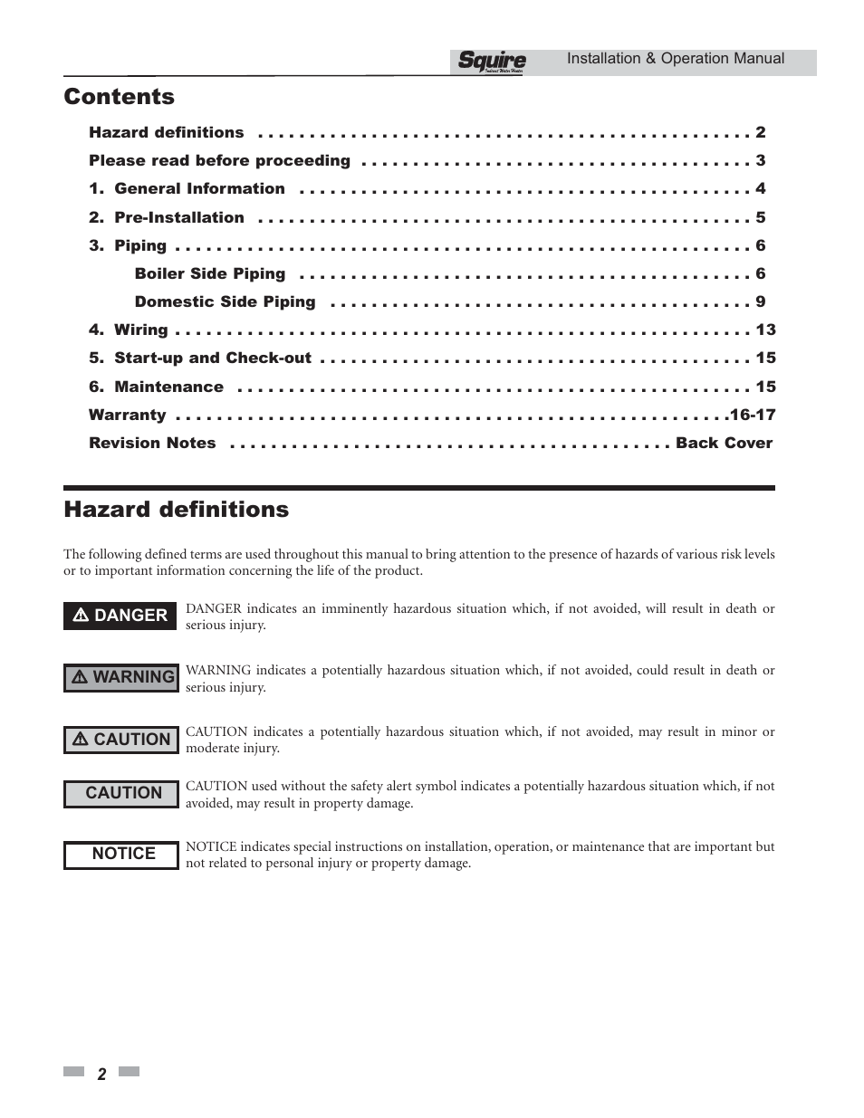 Contents hazard definitions | Lochinvar SSS031 User Manual | Page 2 / 20