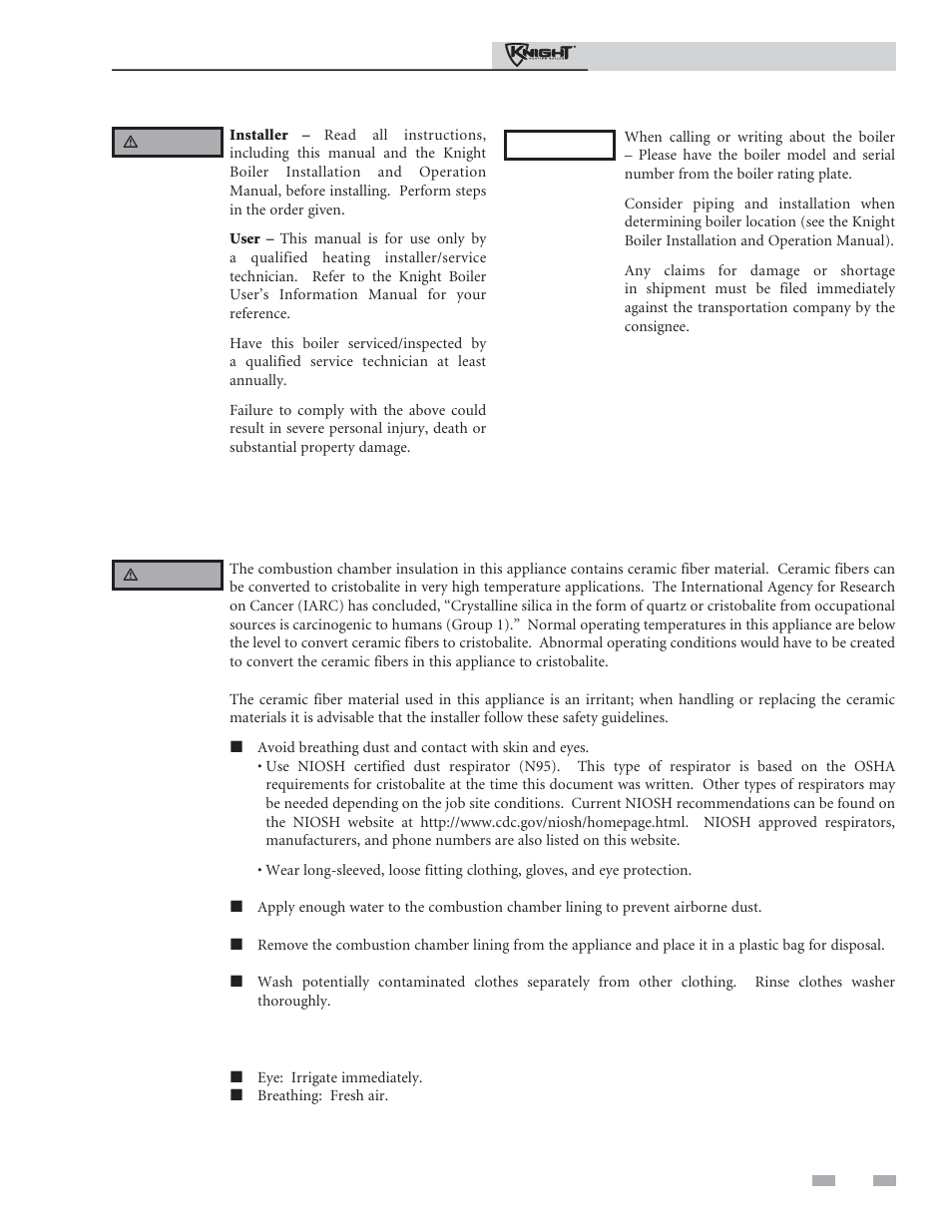 Please read before proceeding, Handling ceramic fiber materials | Lochinvar Knight Heating Boiler 81-286 User Manual | Page 3 / 48