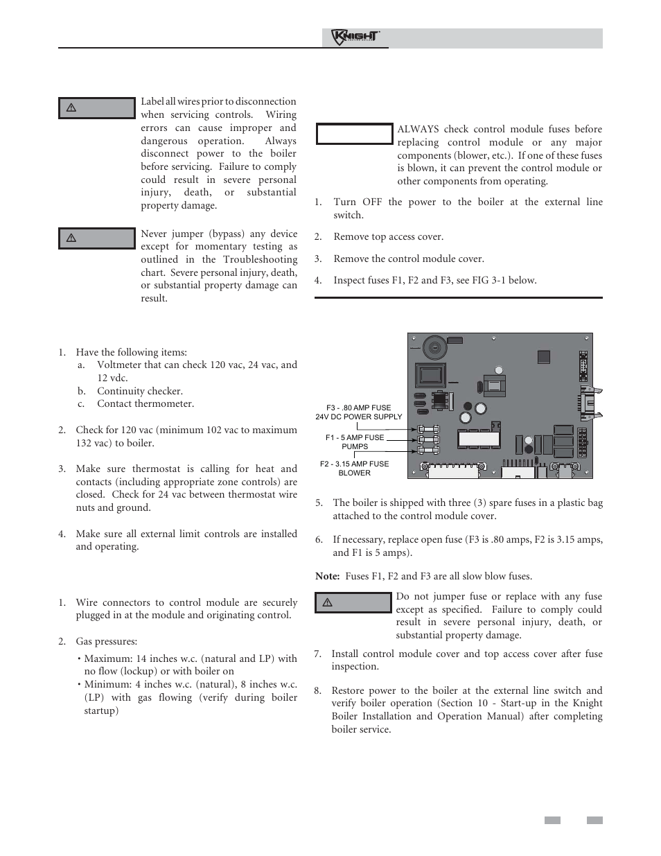 Troubleshooting, Before troubleshooting, Check the following | Check control module fuses | Lochinvar Knight Heating Boiler 81-286 User Manual | Page 33 / 48
