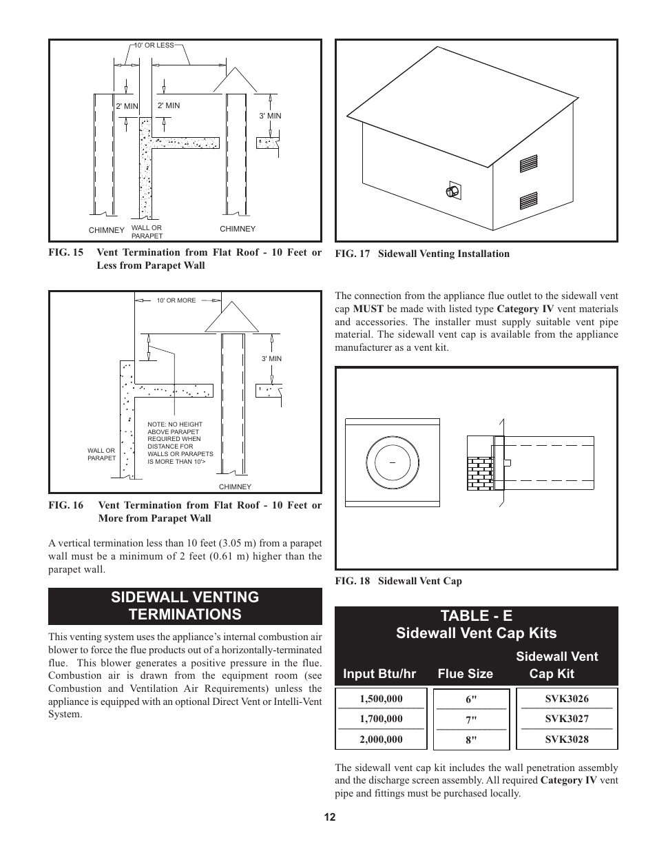 Sidewall venting terminations, Table - e sidewall vent cap kits, Sidewall vent input btu/hr flue size cap kit | Lochinvar 000 through 2 User Manual | Page 12 / 80