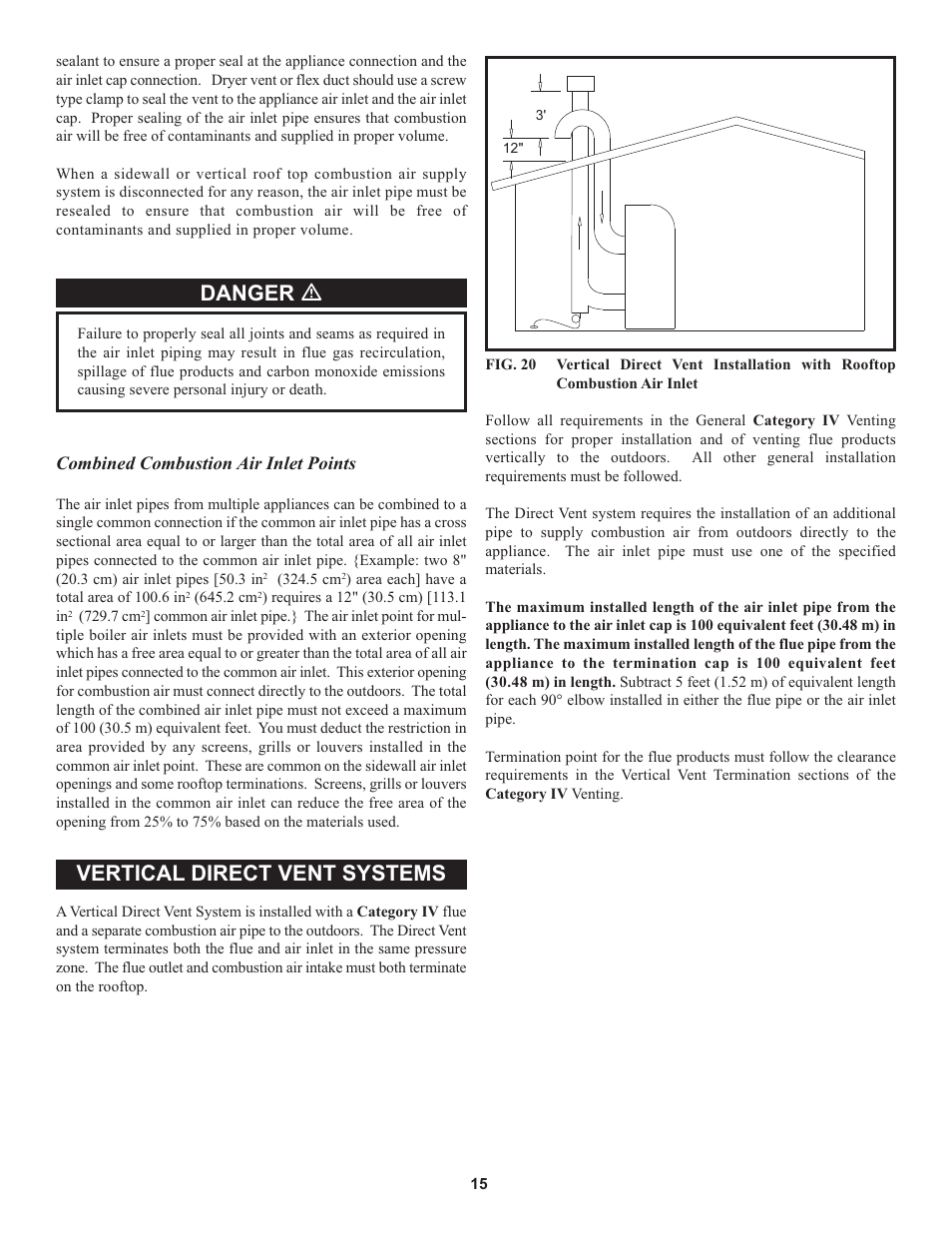 Danger ƽ, Vertical direct vent systems | Lochinvar 000 through 2 User Manual | Page 15 / 80