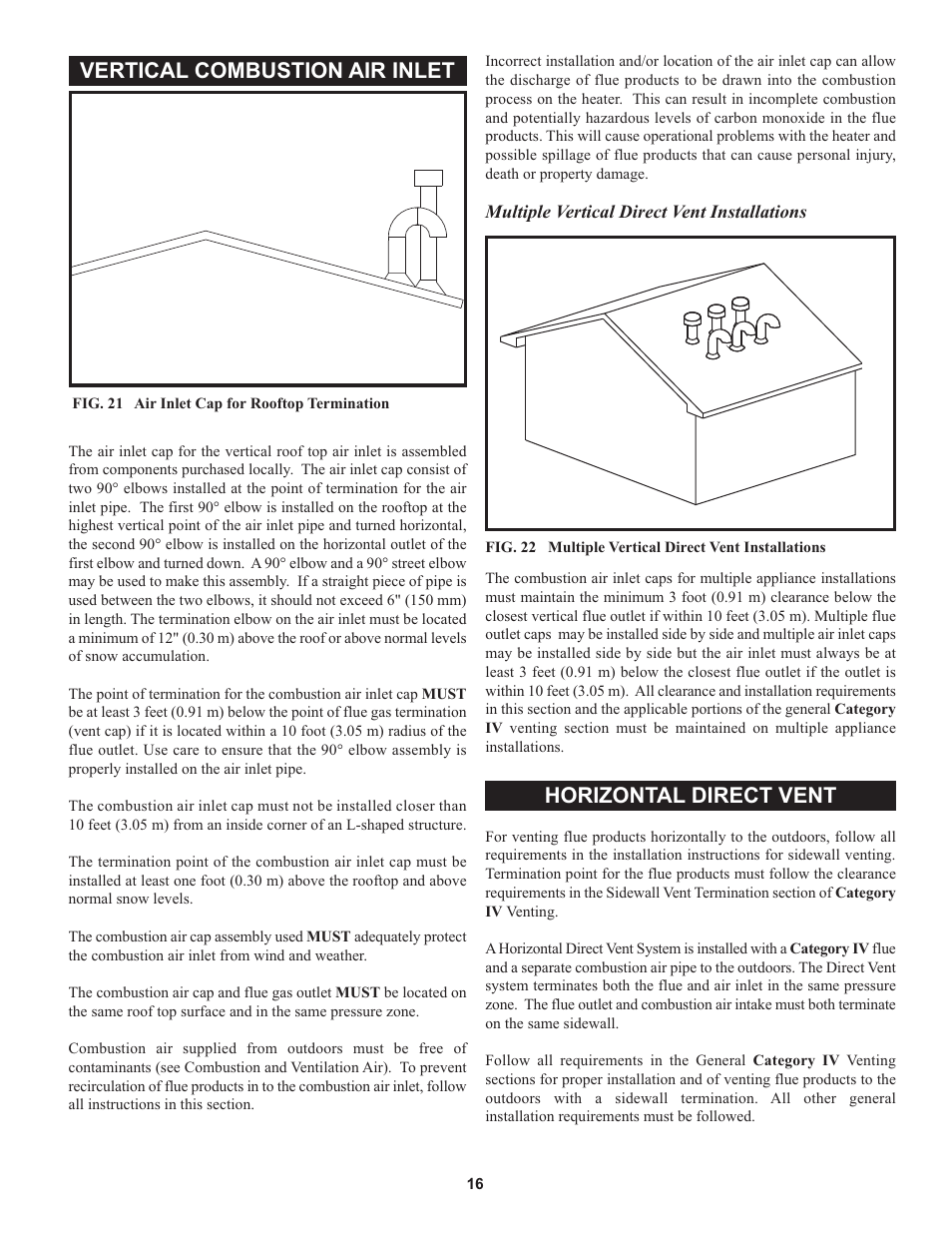 Vertical combustion air inlet, Horizontal direct vent | Lochinvar 000 through 2 User Manual | Page 16 / 80