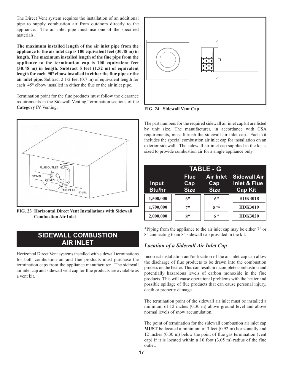 Sidewall combustion air inlet, Table - g | Lochinvar 000 through 2 User Manual | Page 17 / 80