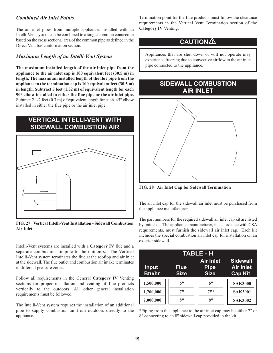 Vertical intelli-vent with sidewall combustion air, Caution, Sidewall combustion air inlet | Table - h | Lochinvar 000 through 2 User Manual | Page 19 / 80