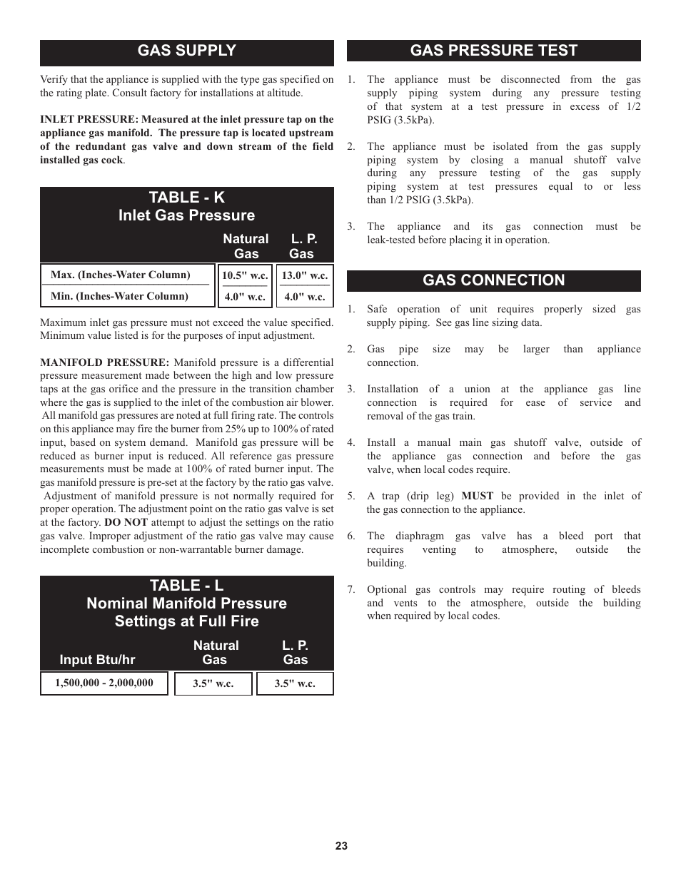 Gas supply, Table - k inlet gas pressure, Gas pressure test | Gas connection | Lochinvar 000 through 2 User Manual | Page 23 / 80