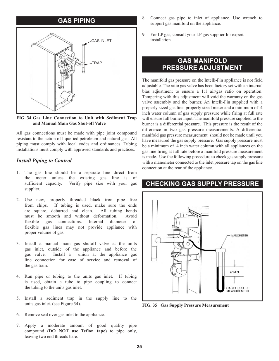 Gas piping, Gas manifold pressure adjustment, Checking gas supply pressure | Lochinvar 000 through 2 User Manual | Page 25 / 80