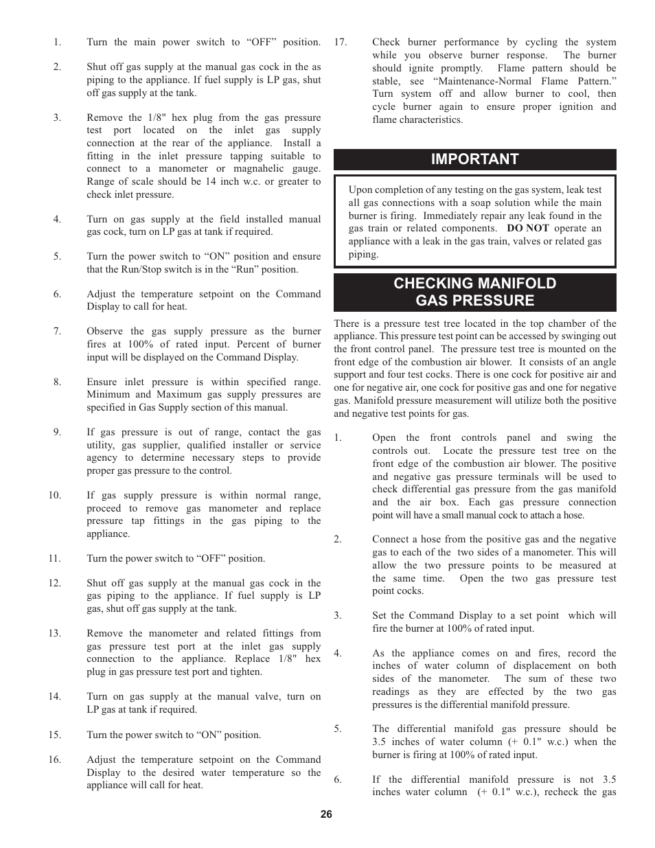 Important, Checking manifold gas pressure | Lochinvar 000 through 2 User Manual | Page 26 / 80