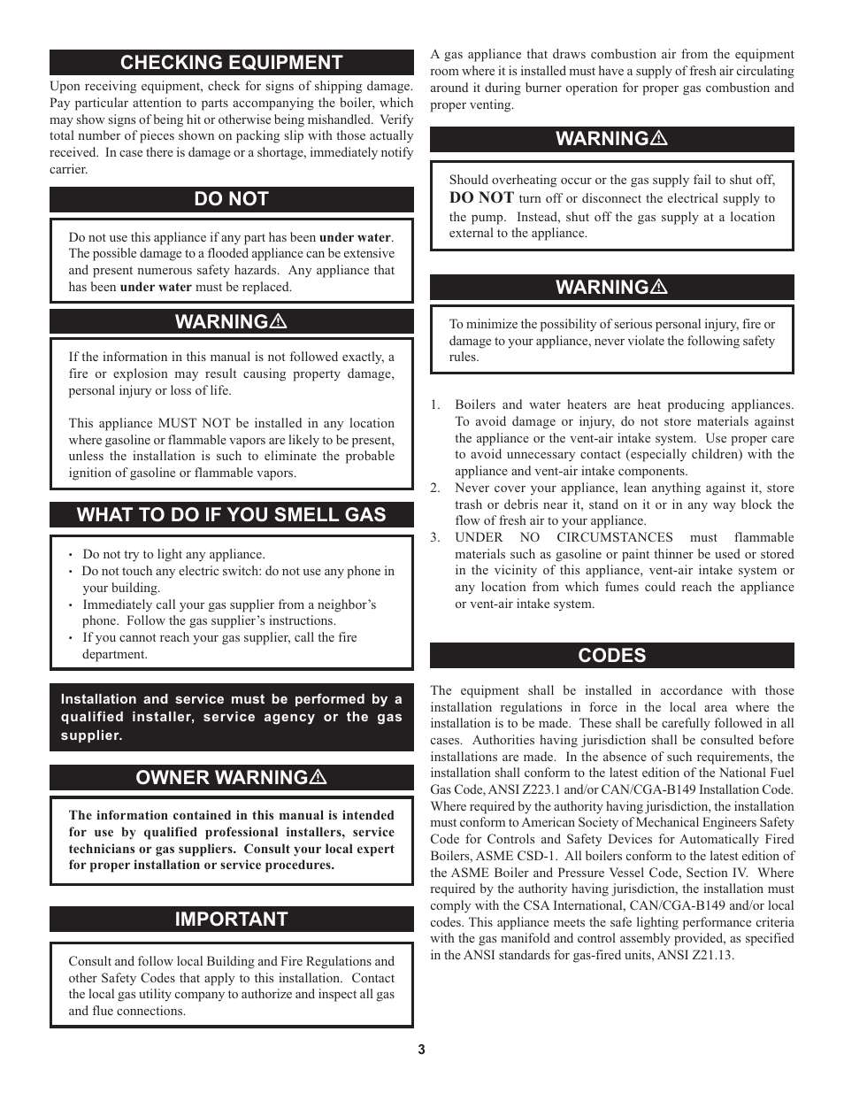 Checking equipment do not warning ƽ, What to do if you smell gas, Owner warning ƽ | Important, Codes warning ƽ, Warning ƽ | Lochinvar 000 through 2 User Manual | Page 3 / 80