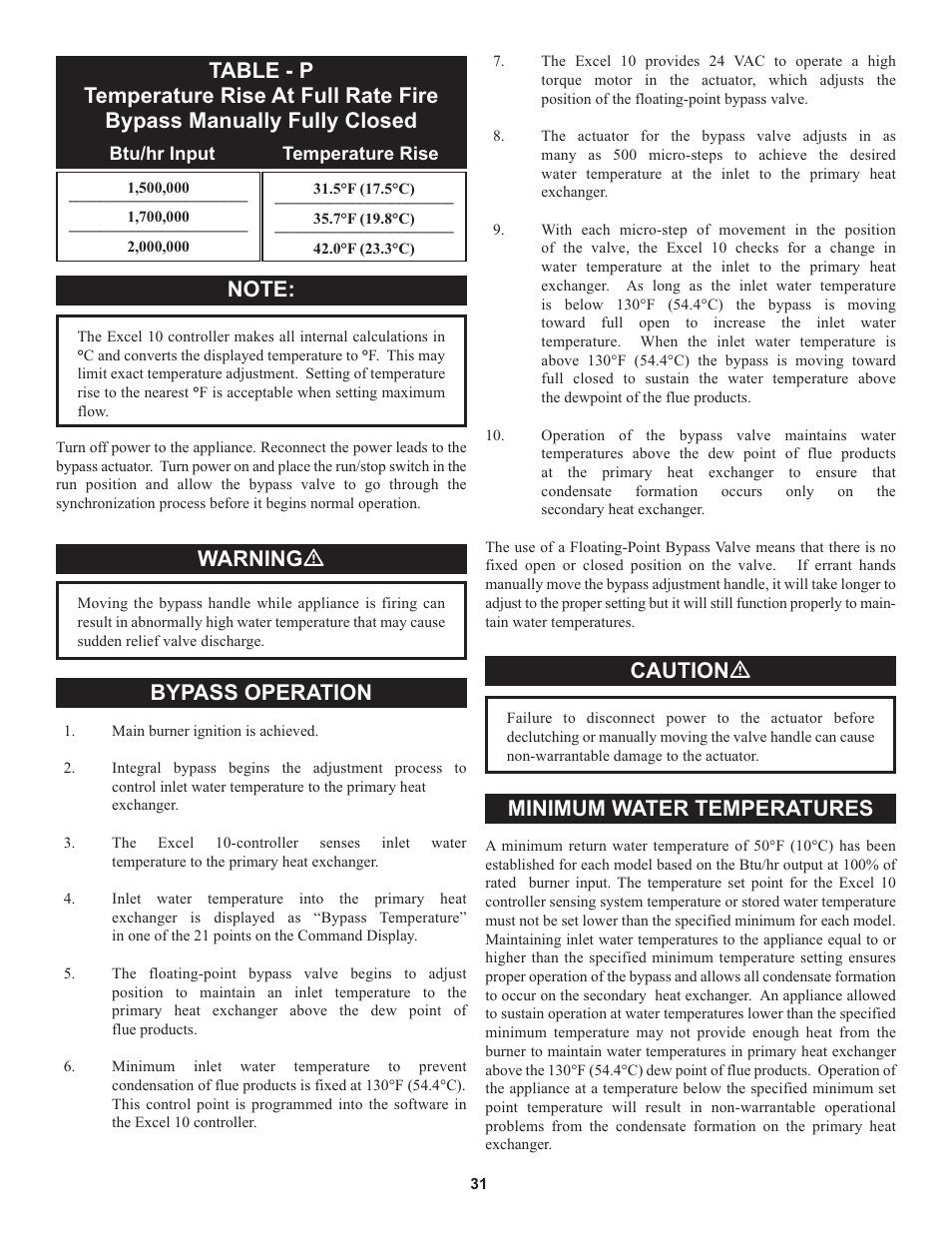 Warning ƽ, Bypass operation, Caution ƽ | Minimum water temperatures | Lochinvar 000 through 2 User Manual | Page 31 / 80