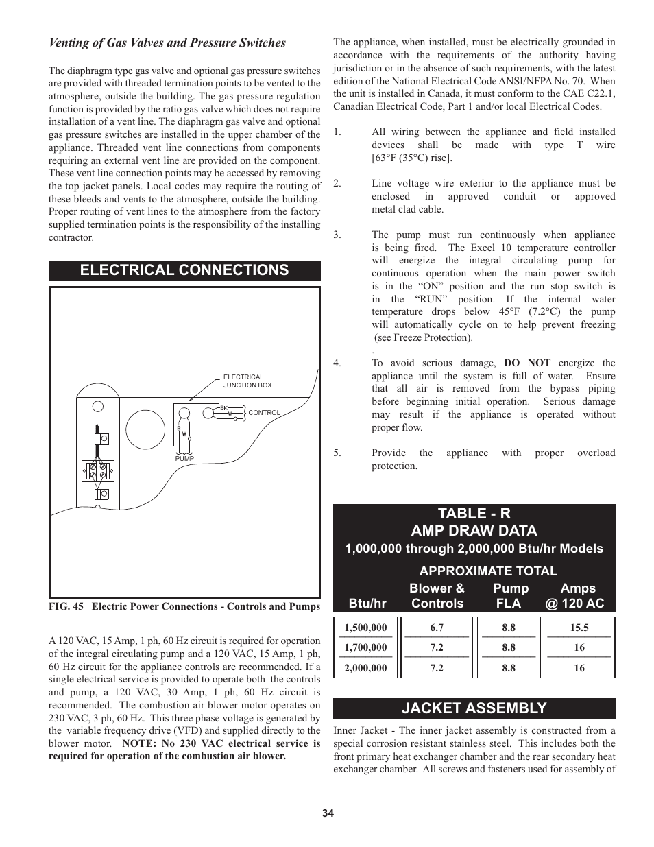 Electrical connections, Table - r amp draw data, Jacket assembly | Lochinvar 000 through 2 User Manual | Page 34 / 80