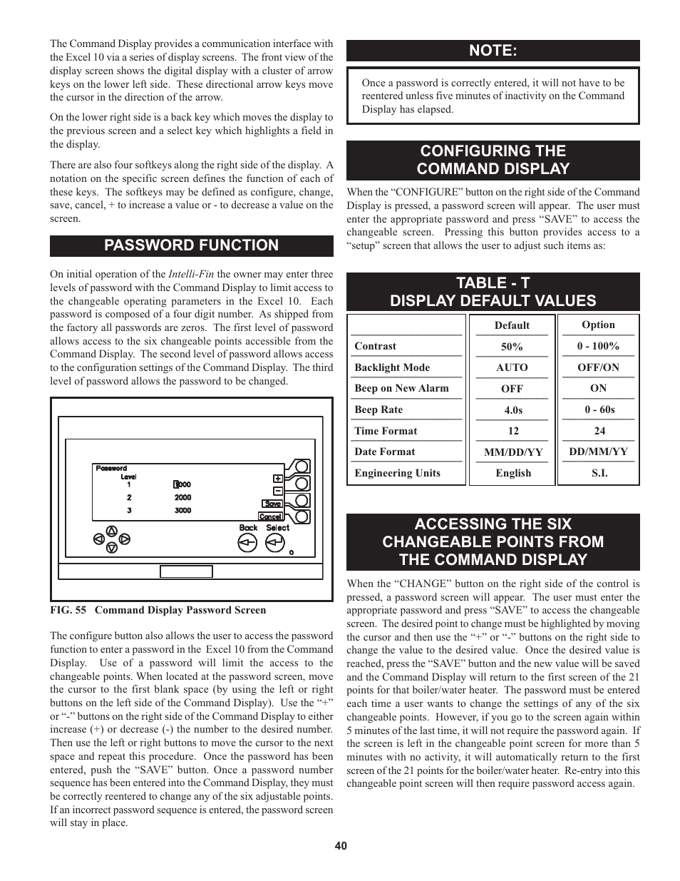 Password function, Configuring the command display, Table - t display default values | Lochinvar 000 through 2 User Manual | Page 40 / 80