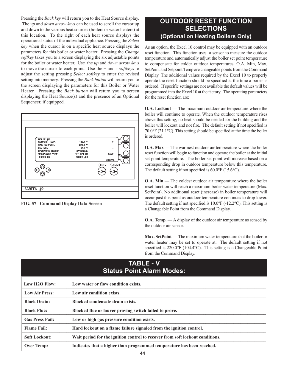 Outdoor reset function selections, Table - v status point alarm modes | Lochinvar 000 through 2 User Manual | Page 44 / 80