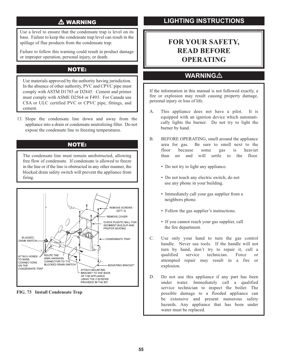 For your safety, read before operating, Lighting instructions, Warning ƽ | Lochinvar 000 through 2 User Manual | Page 55 / 80