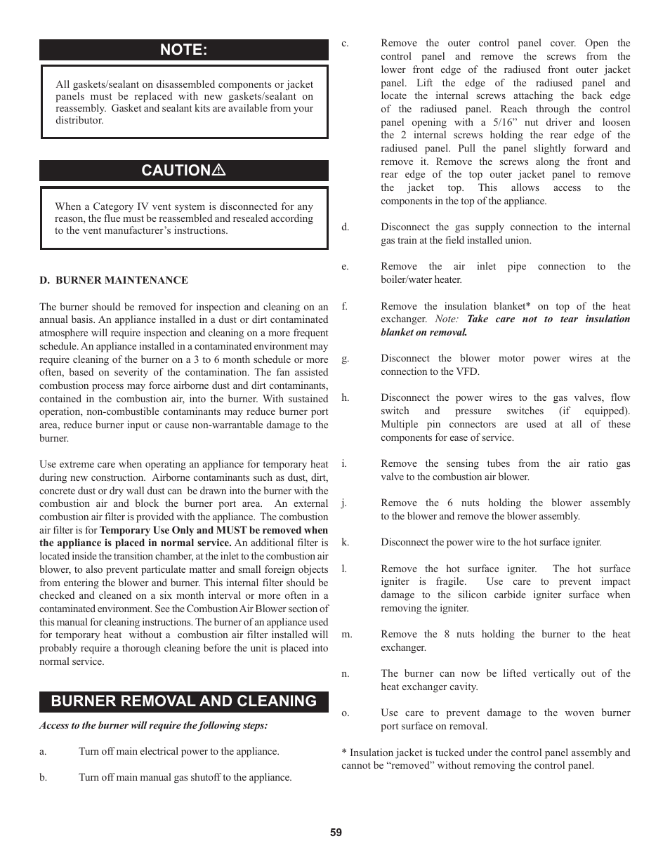 Caution ƽ, Burner removal and cleaning | Lochinvar 000 through 2 User Manual | Page 59 / 80