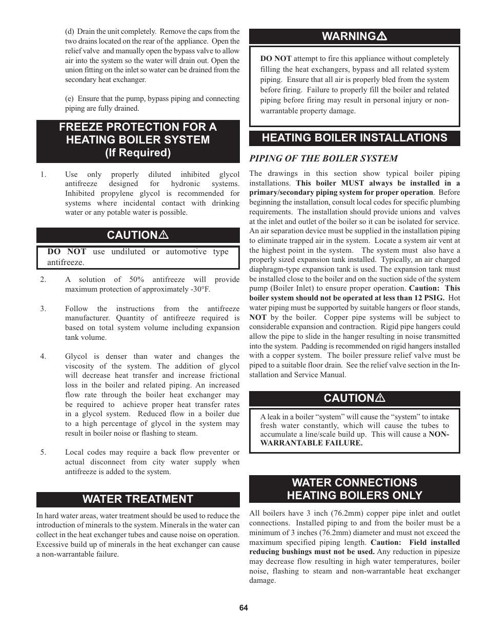 Caution ƽ, Water treatment, Warning ƽ | Heating boiler installations, Water connections heating boilers only | Lochinvar 000 through 2 User Manual | Page 64 / 80