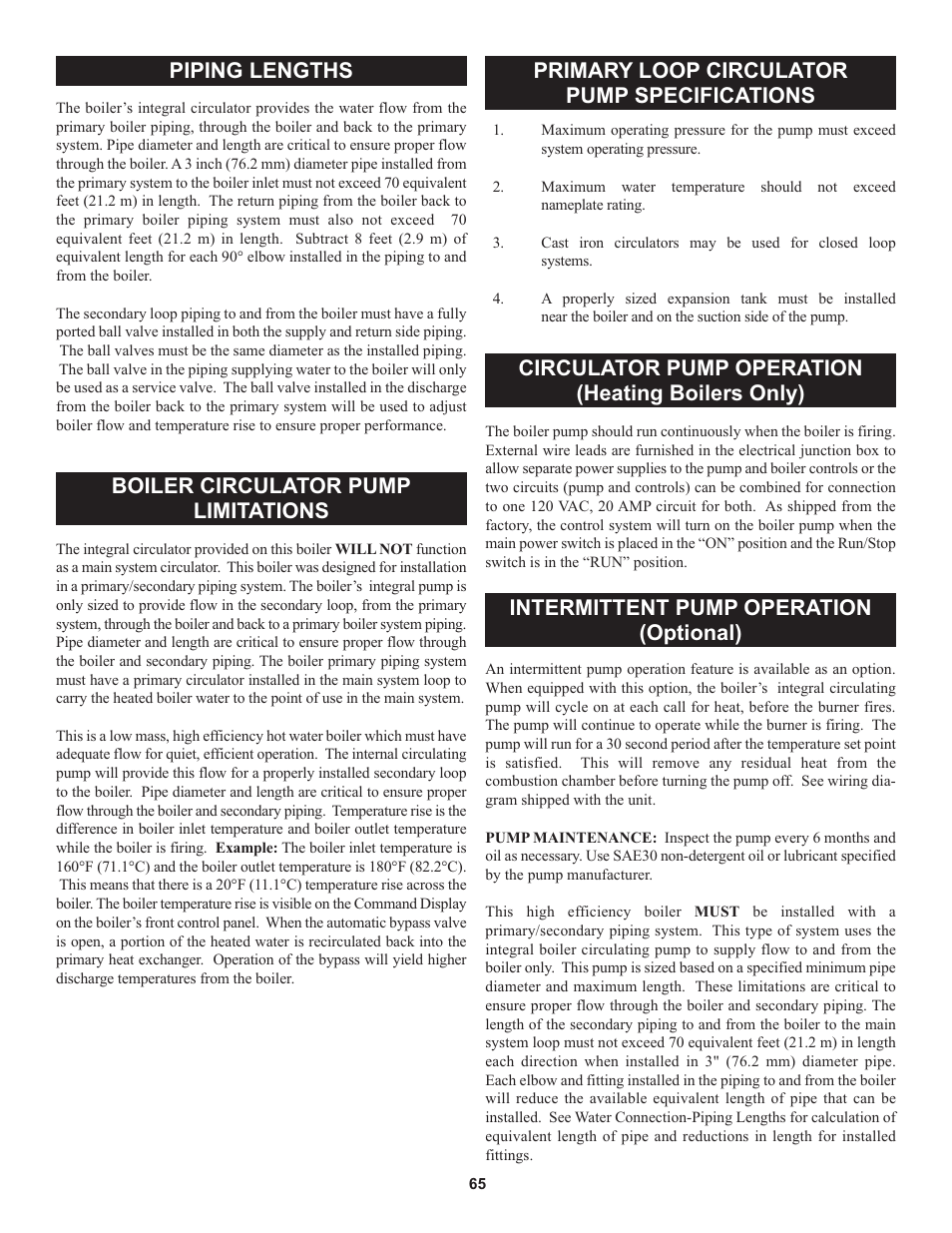 Piping lengths, Boiler circulator pump limitations, Primary loop circulator pump specifications | Circulator pump operation (heating boilers only), Intermittent pump operation (optional) | Lochinvar 000 through 2 User Manual | Page 65 / 80