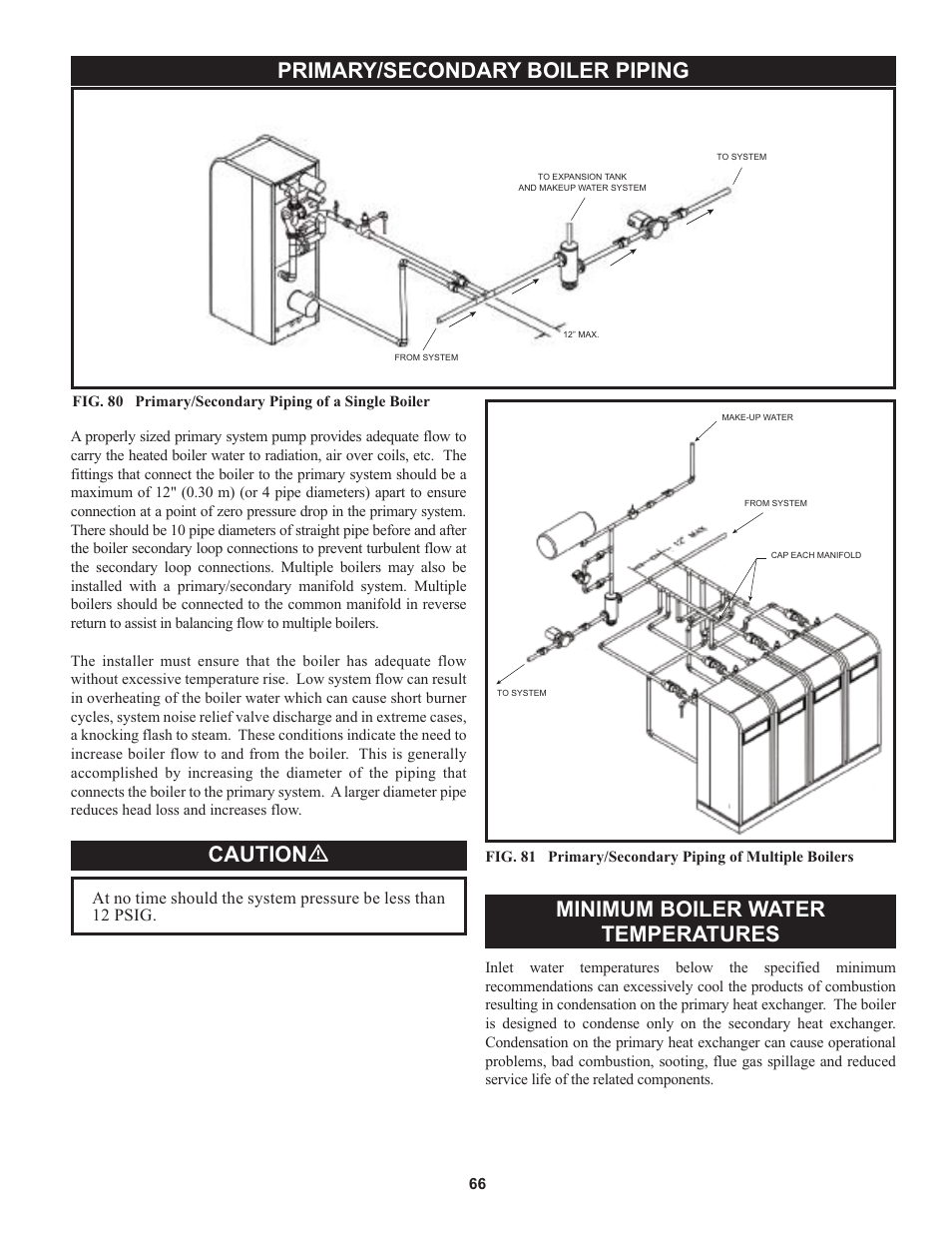 Primary/secondary boiler piping, Caution ƽ, Minimum boiler water temperatures | Lochinvar 000 through 2 User Manual | Page 66 / 80